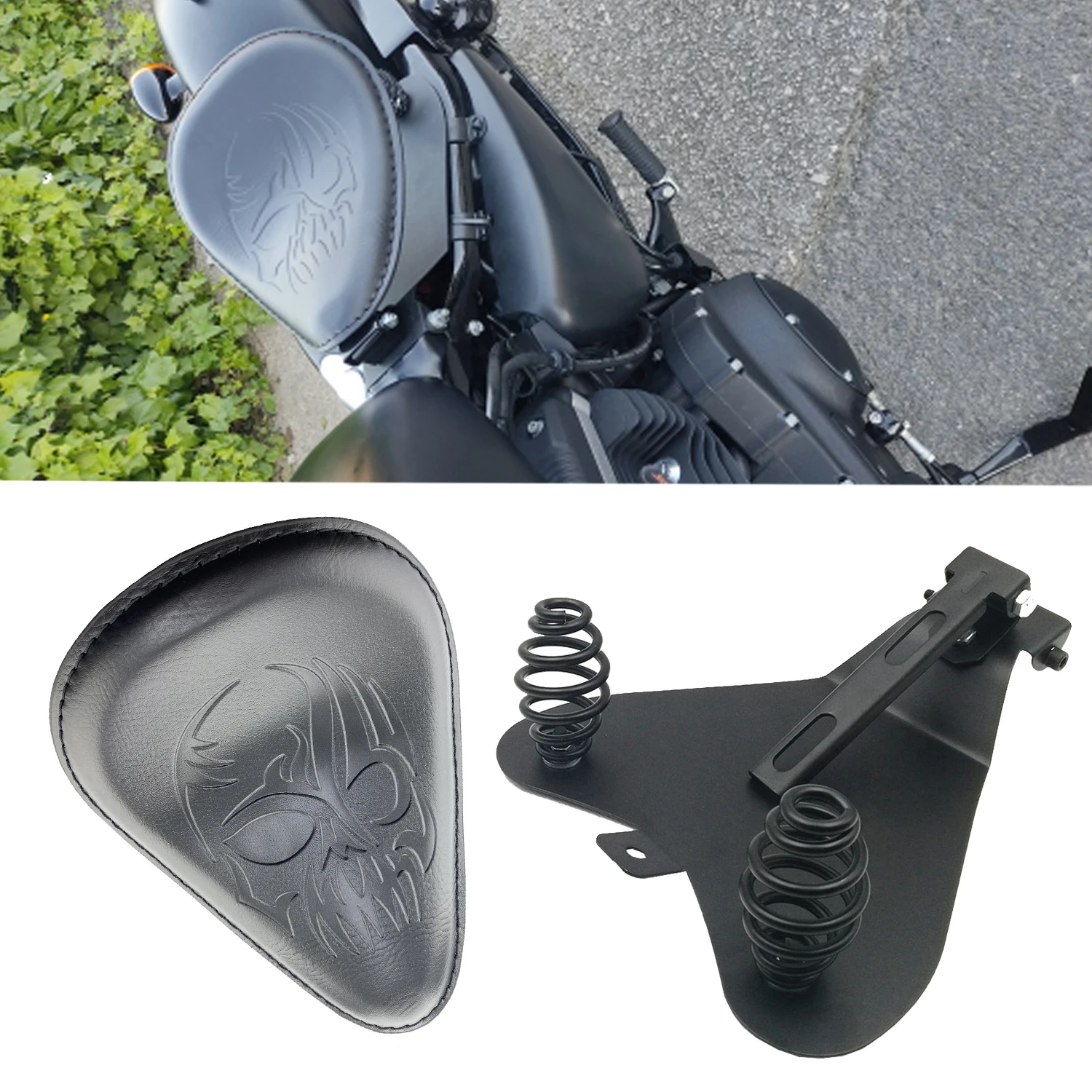 

Motorcycle Skull PU Leather Driver Solo Seat+3" Spring Bracket For Harley Sportster Bobber Chopper 883 XL883L XL883C XLH1200