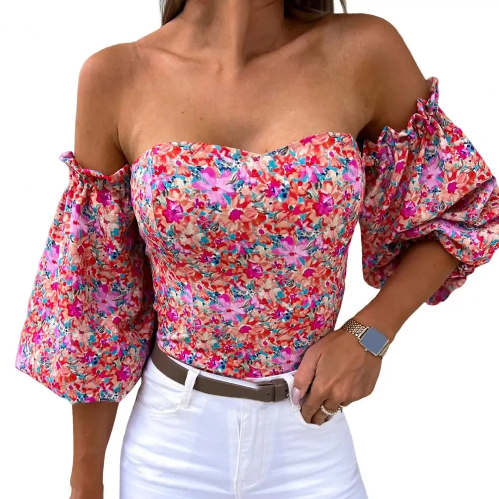 

Lantern Long Sleeves Backless Exposed Navel Women Blouse Off Shoulder Flowers Pattern Printed Pullover Top Club Wear Shirt Blusa