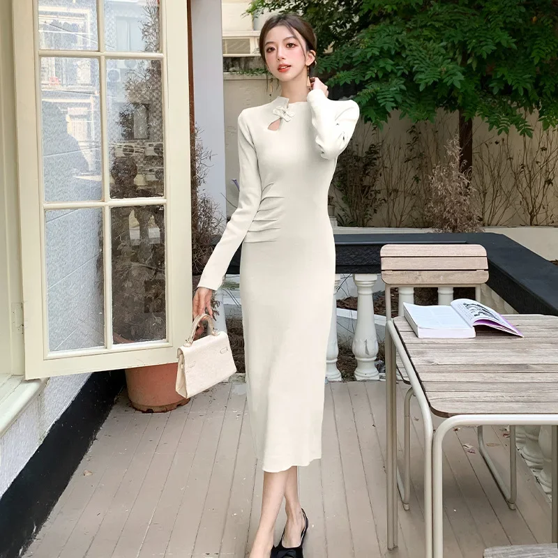 Элегантный свитер длинное платье осень/зима вязаный винтажный новый китайский