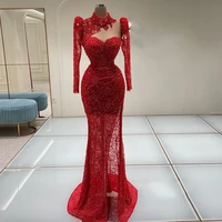 sequin prom dress red long sleeves high collar mermaid prom gown 2022 sparkly crystal side slit luxury womens evening dresses