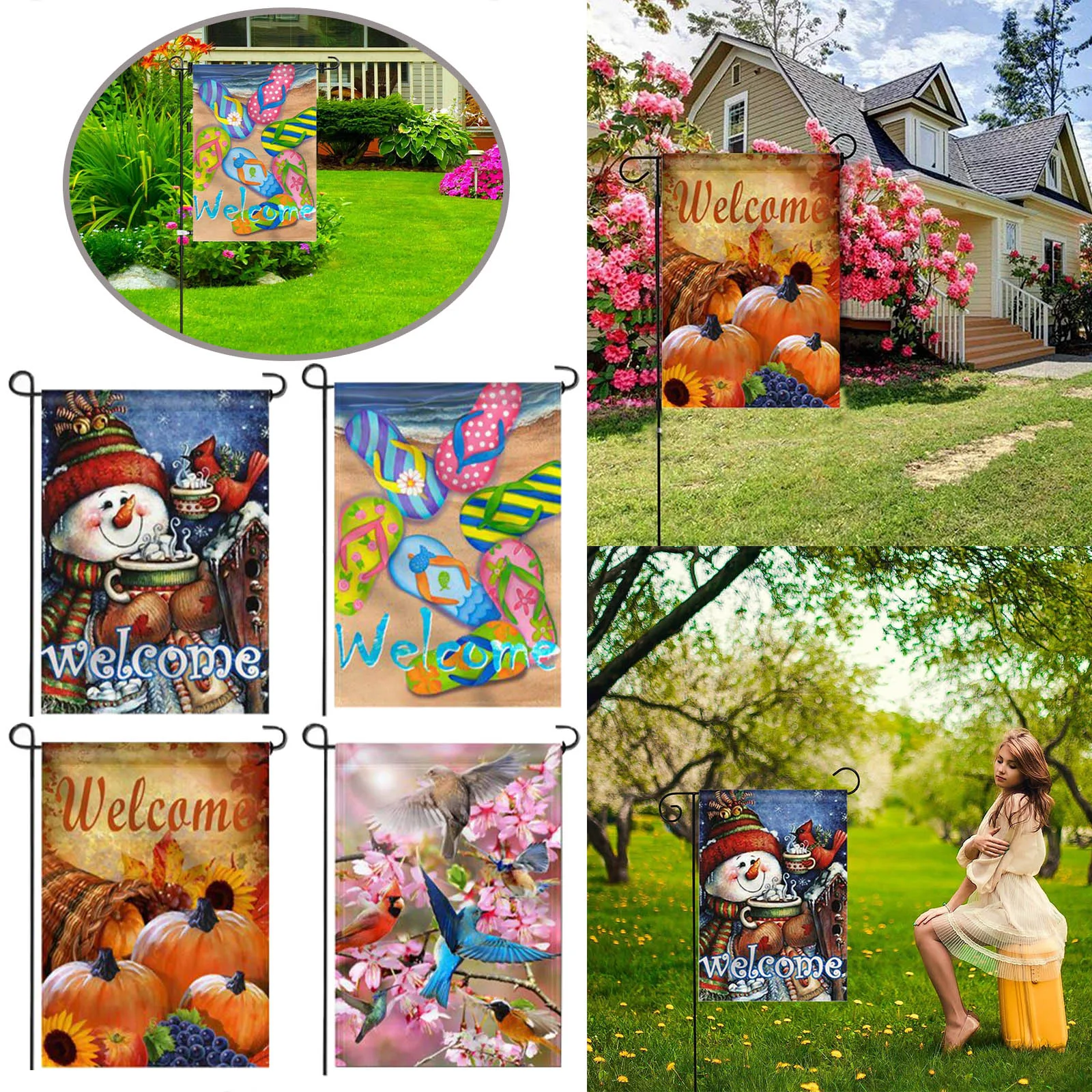 

Seasonal Garden Flags Set 4 Seasons Series Spring Summer Autumn Winter Garden Flags Double Table round Tablecloth Disposable