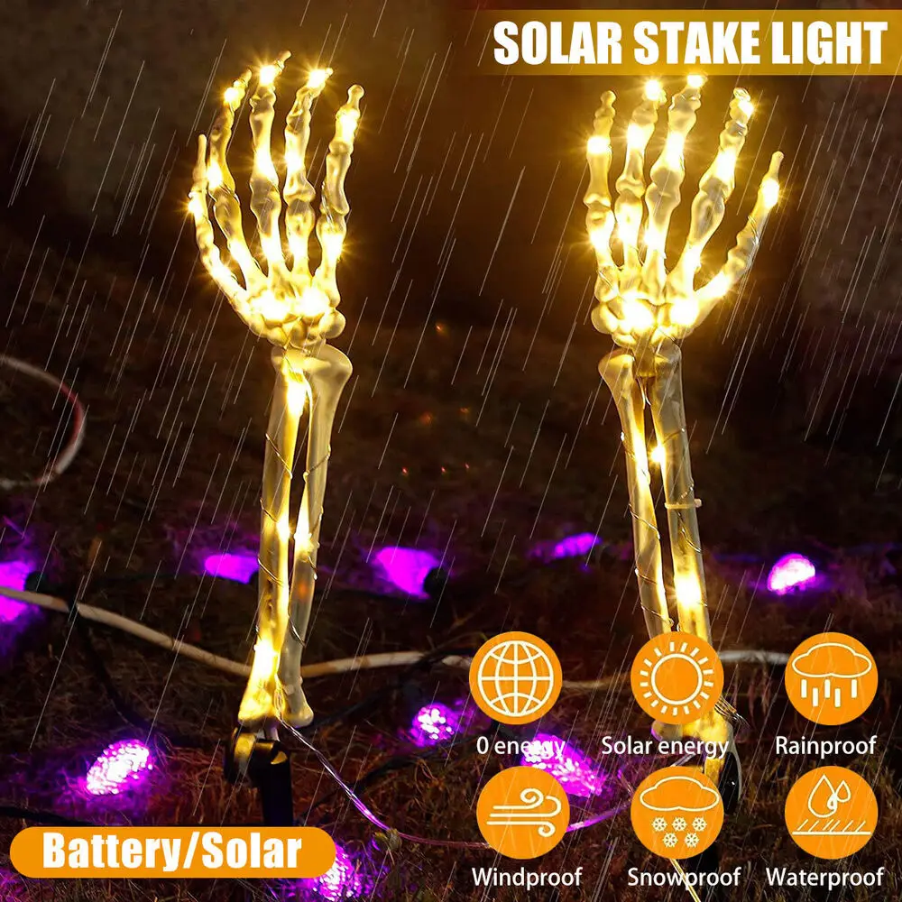 

Xmas Halloween Skeleton Hand Ground Solar Lights Outdoor Lighted String Luminous Ghost Hand Arm Stakes Layout Props Decor Lamp