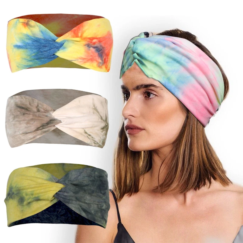 

2021 New Women Wide Cross Tie Dye Headbands Fashion Twist Cloth Sport Yoga Stretch Hairbands Turband Girls Hair Accessories