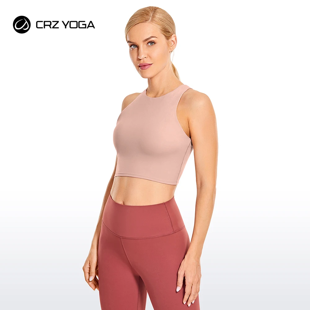 

CRZ YOGA Women's High Neck Longline Yoga Top with Built in Bra Racerback Sports Crop Top