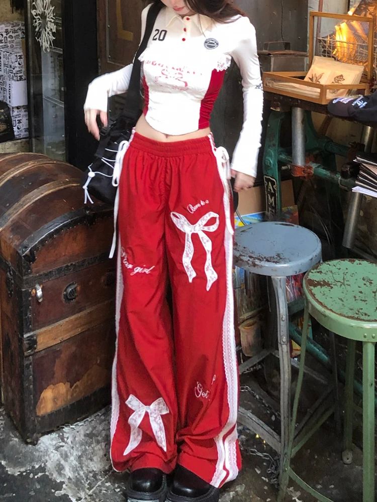 Эстетические Y2k Свободные брюки с эластичной резинкой на талии Женские
