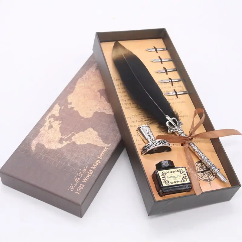 

Retro Calligraphy Fountain Pen Feather Dip Pen Writing Ink Set Stationery Gift Box with 5 Nib Wedding Quill Pen Fountain Pen Set