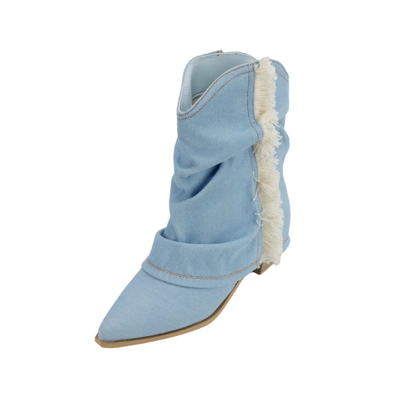 

Джинсовые женские ботинки, новинка 2023, зимняя Роскошная удобная женская обувь на среднем каблуке, модные женские ботильоны с острым носком, Прямая поставка