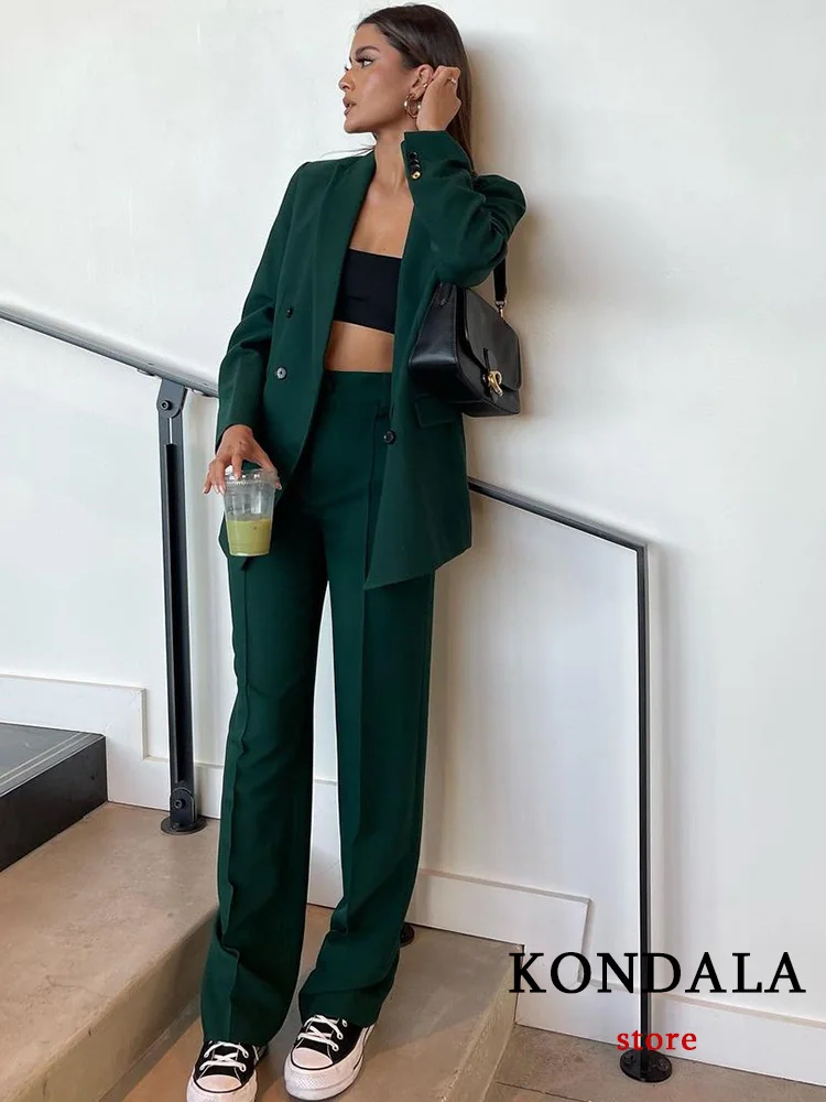 

KONDALA 2022 Chic Green Office Lady Oversized Long Blazer Women V Neck Long Sleeve Double Breasted Jackets Female Outwear