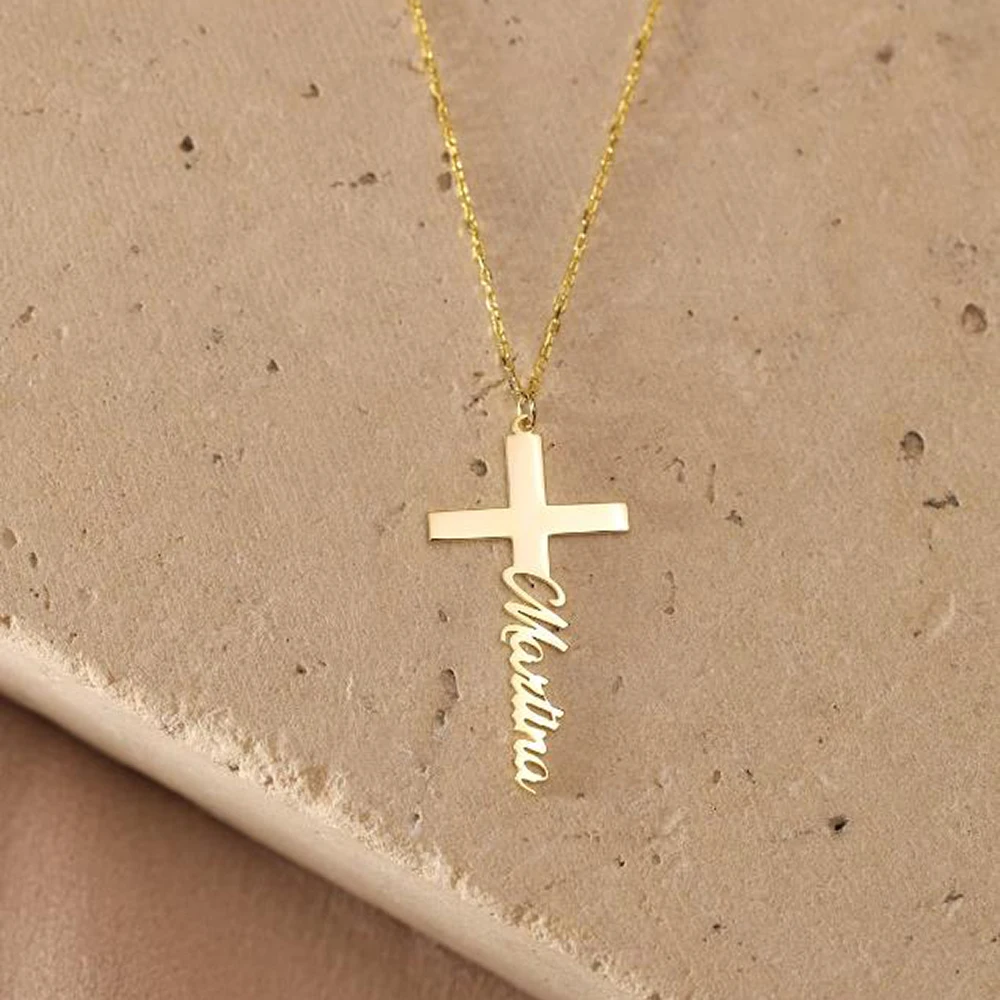 Custom Name Necklace Pendant Cross Stainless Steel Cut Personalized Christian Nameplate Jewelry Women's Mother's Day Gift