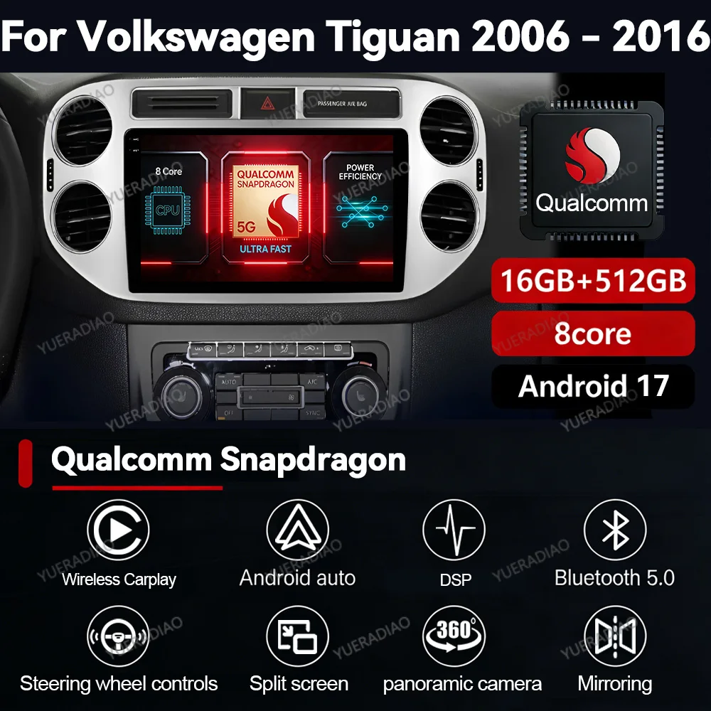 Фото Автомагнитола Android 17 для Volkswagen Tiguan 1 NF 2006-2016, мультимедийный видеоплеер, 4G LTE, 5G WIFI, Carplay Auto, 2K QLED №1