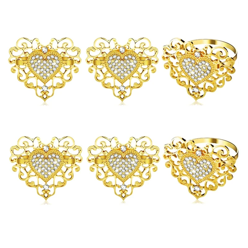 

6 Pieces Napkin Rings Holder Heart Napkin Ring Rhinestone Napkin Buckle for Valentine Wedding Holiday Party Decor