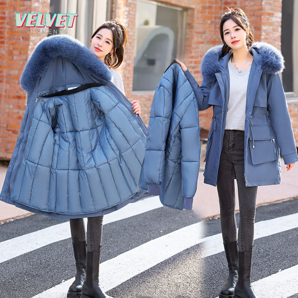 VE 2023 New Winter Jacket Women Parka Big Fur Collar Hooded Thick Warm Long Female Coat Casual Outwear Down Cotton Jacket Parkas