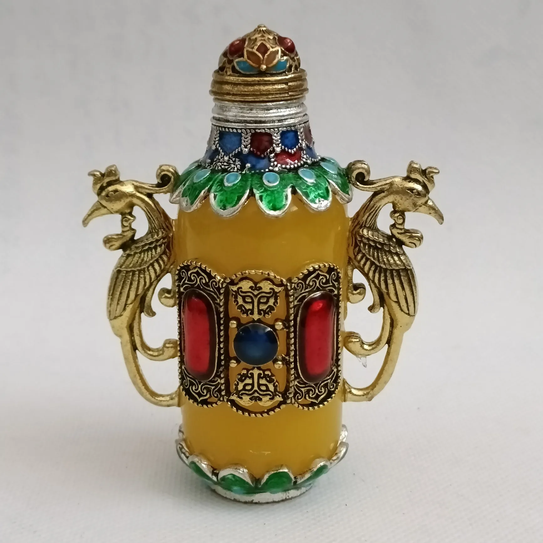 

China Elaboration Tibetan Silver Statue Inlay Gems Snuff Bottle Metal Crafts Home Decoration#2