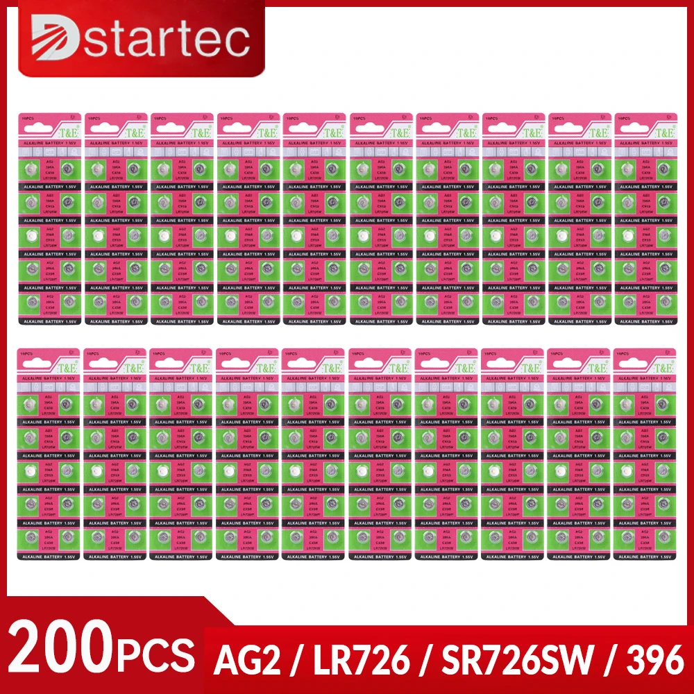 

DStartec 200PCS SR726SW 196 397 396 CX59 LR59 SR59 G2A LR726 AG2 1.55V Alkaline Button Cell Watch Battery; 100% Safe No Mercury
