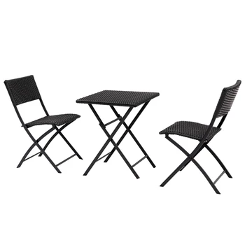 3 Piece Outdoor Patio Bistro Set with Black All Weather Wicker, Folding Table and Chairs
