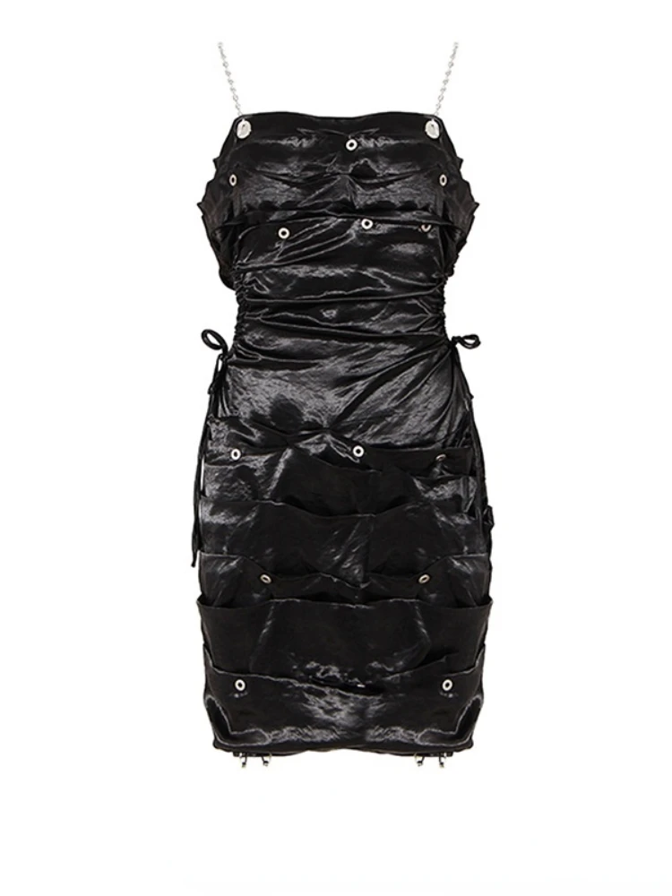 

UMI MAO Yamamoto Niche Dark Black Satin Metal Chain Suspender 2021 Summer New Wind Exposed Waist Thin Metal Rivet Dress Y2K