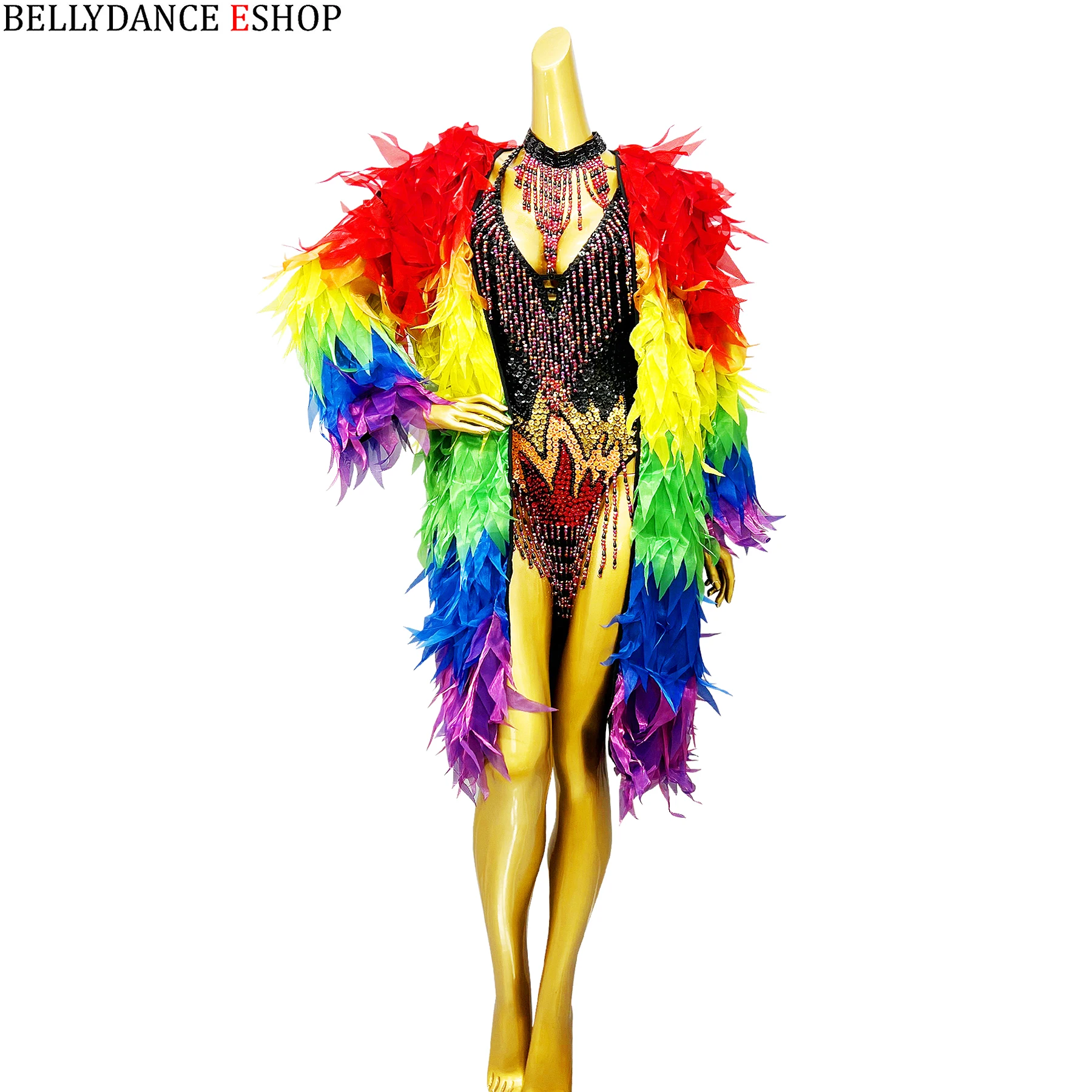 

High Quality Fashion Beaded Bodysuit Feather Kimono For Women Sexy Belly Dance Costume Music Festival Outfit Club Party Wear