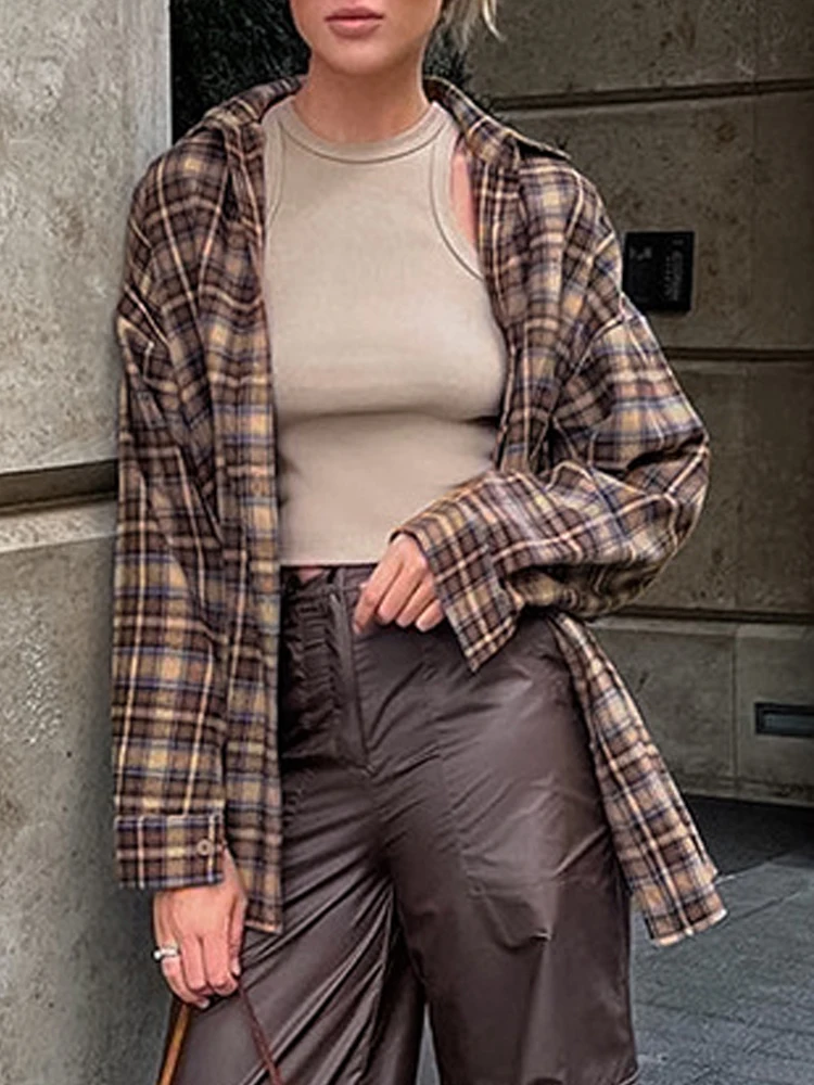 Винтажная клетчатая рубашка женская блузка с длинным рукавом топ модная