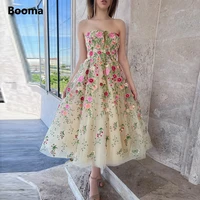 booma floral embroidery lace midi prom dresses strapless tea length a line wedding party dresses open back short evening gowns