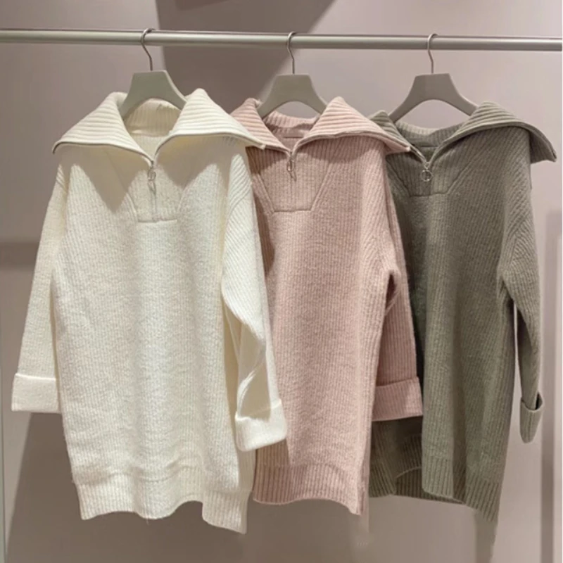 

Женское трикотажное платье на молнии, простое свободное Повседневное трикотажное платье с отложным воротником и длинным рукавом в японском стиле, весна 2023