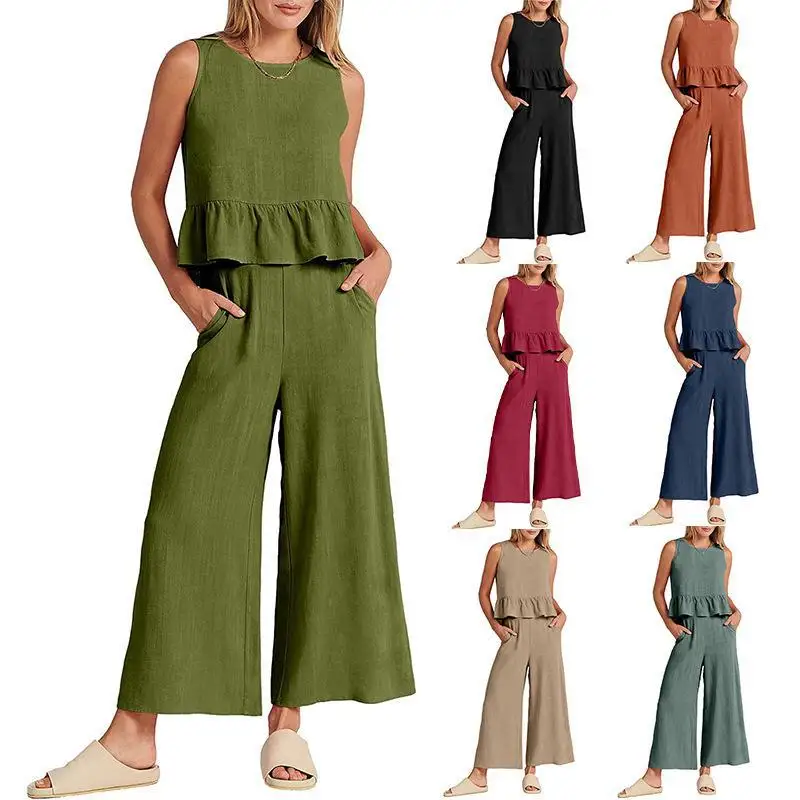 

2023 Summer Ladies Loose T-shirt Set Fashion Women Sleeveless Pleated Vest Top+ Wide Leg Long Pants 2-piece Office Suit
