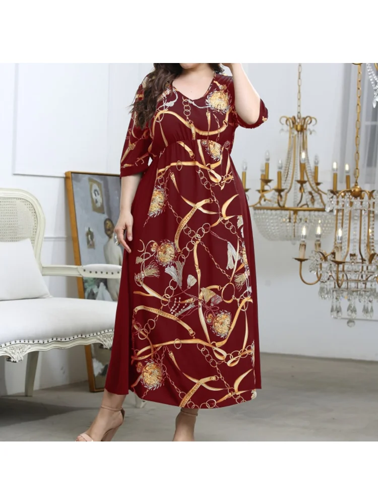 Temperament new plus-size dress cover belly V-neck elastic waist print dress plus-size women dress