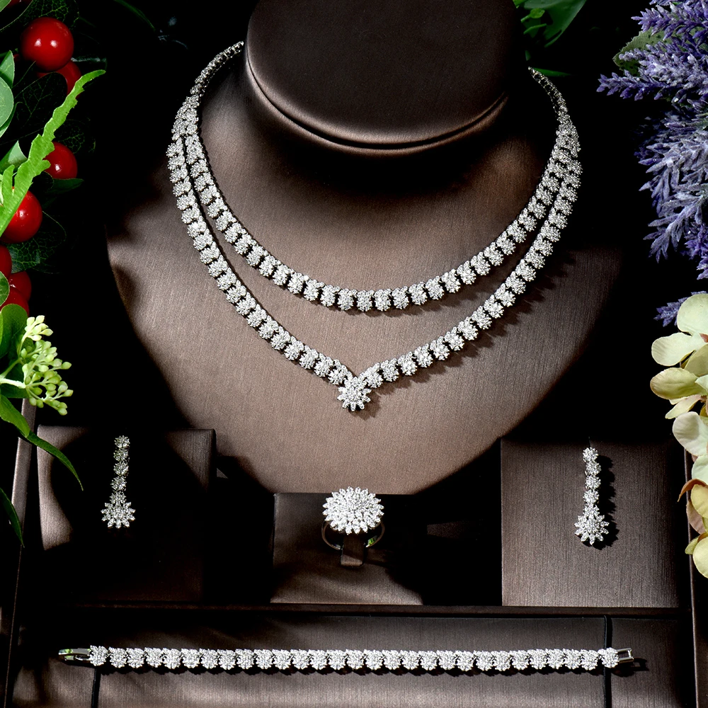 Fashion Gorgeous Women Wedding Necklace and Earrings Set Flower Design Zirconia Jewelry Set Party Accessories bijoux dubai N-209