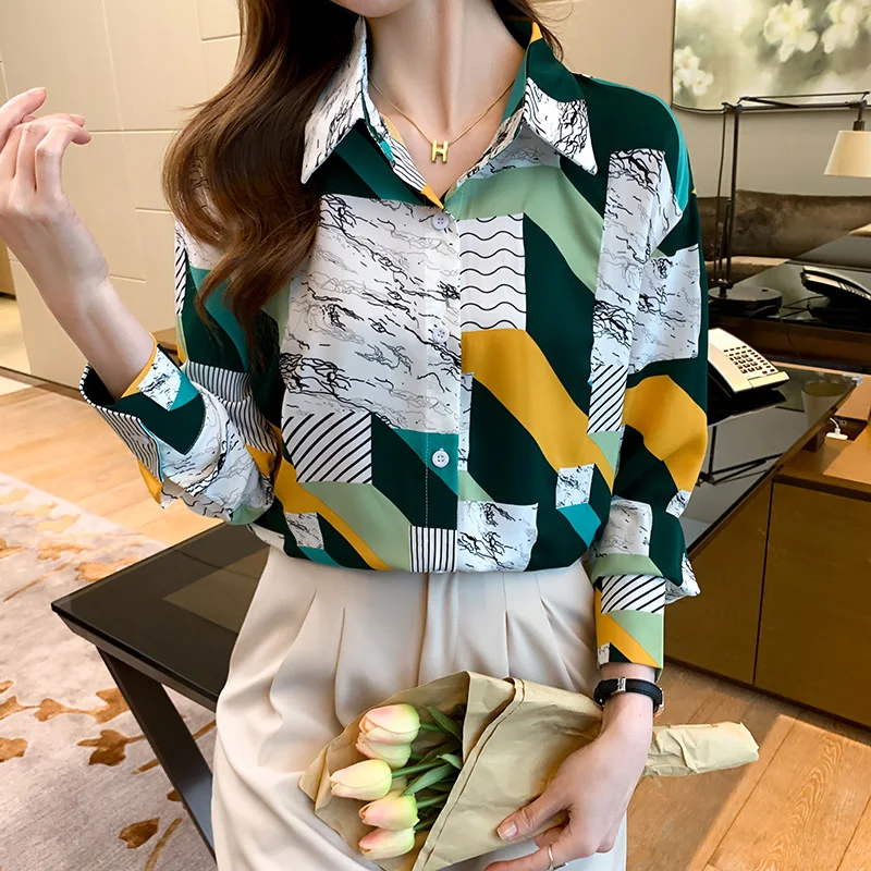 

Retro Hong Kong-style Geometric Pattern Shirt Women 2022 Spring Summer Loose Long-sleeved Camisas De Mujer Plaid Shirt Women