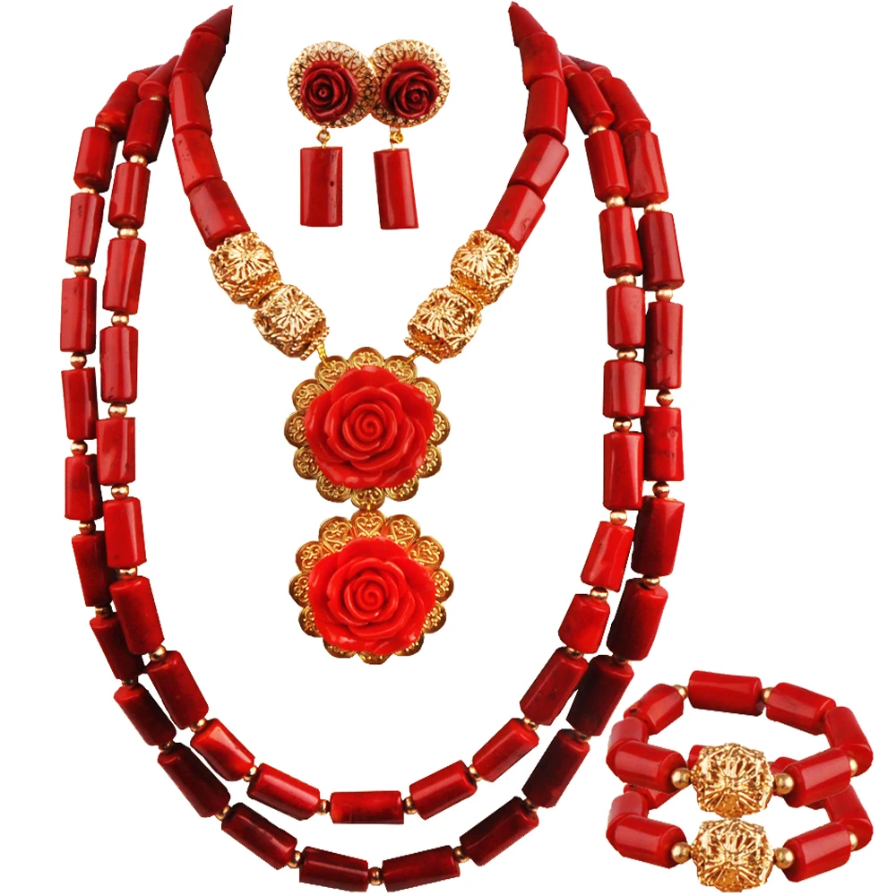 

Красный цветок, ожерелье серьги, 2 браслета, Африканский коралловый цвет, нигерийский Свадебный комплект ювелирных изделий для невесты 23-531AB