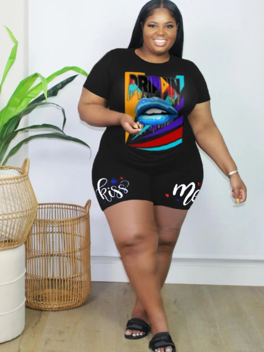 

LW Plus Size Shorts Set Lip Letter Print Female Polyester Casual Regular Short Sleeve O Neck Matching Outfits