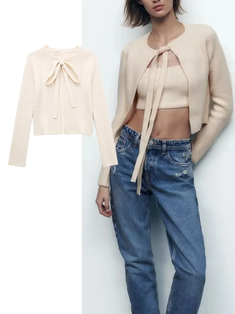 

TRAF Women Fashion Bow-decorated Wool Blend Knitting Cardigan Sweater Vintage O-Neck Female Chic Lady Tops