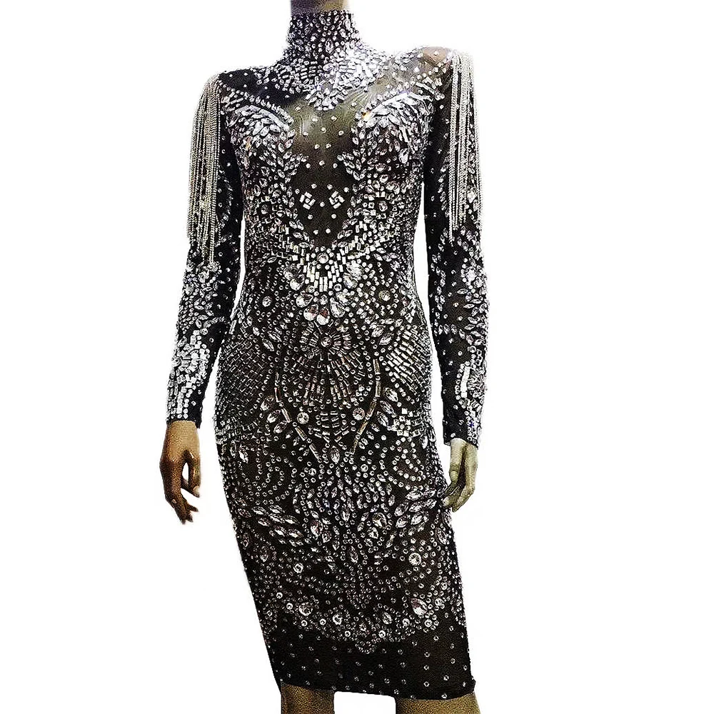 

Silver And Black Shining Sequins Rhinestones High Neck Tassel Women Dress Stage Singer Costume Party Club Evening Clothing