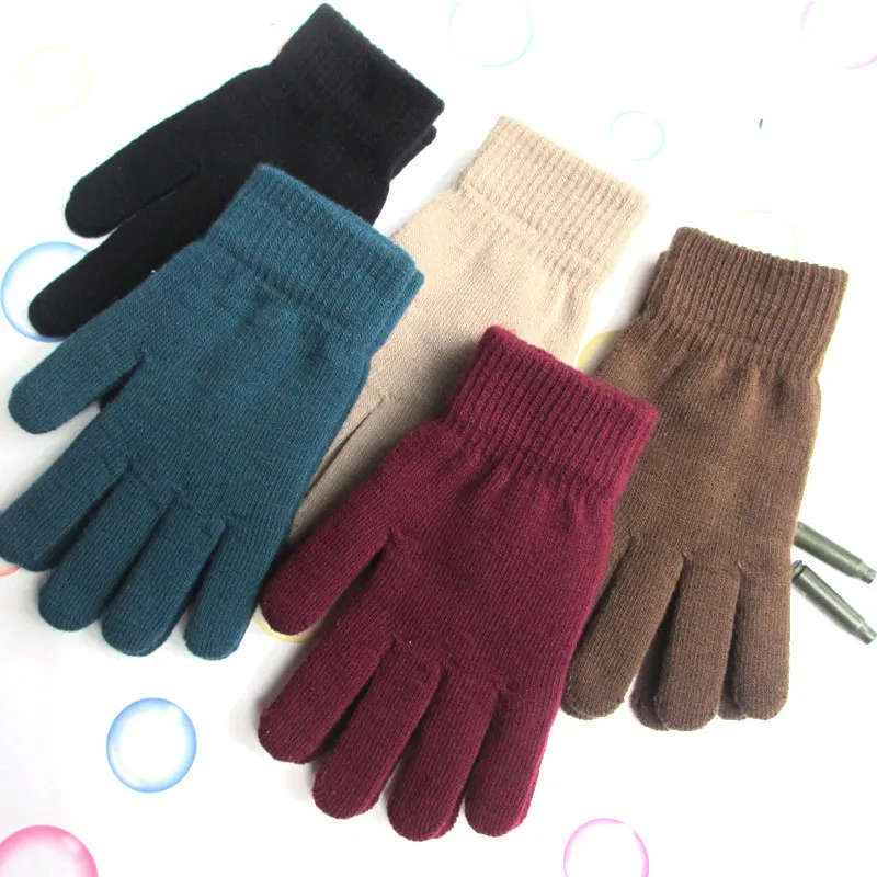 

Solid Color Women Men Gloves Unisex Winter Ribbed Knitted Full Fingered Gloves Thicken Plush Lining Mittens Thermal Wrist Warmer
