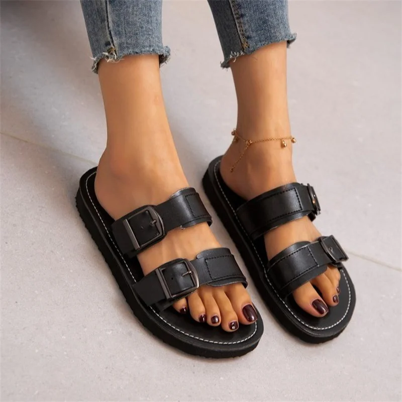 

Ladies Shoes 2023 Open Toe Women's Slippers Summer Solid Color Buckle Shoes Female Flat Casual Slippers Zapatillas De Mujer