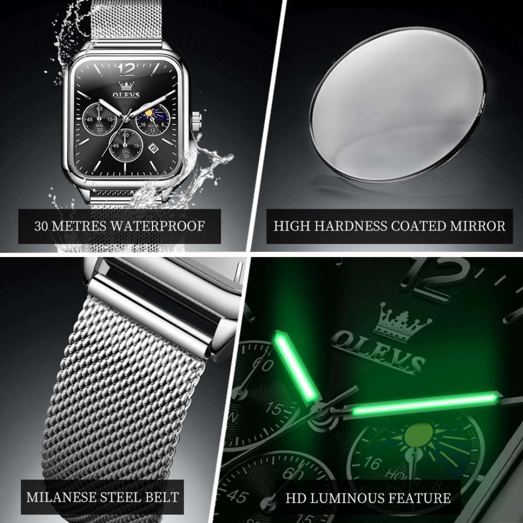 OLEVS 9914 кварцевые модные часы подарок Прямоугольный циферблат нержавеющая сталь