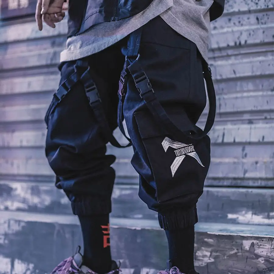 

Bybbs DARK Men Functional Joggers Ribbons Tokyo Avengers Pants Multi-pocket Harem Oversized Streetwear Stacked Sweatpants