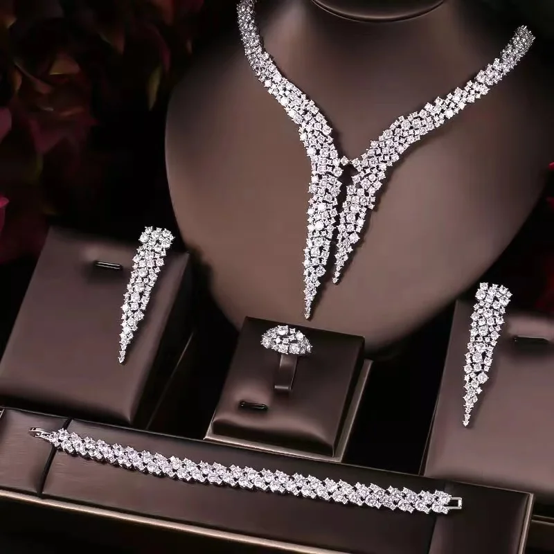 

Fashion Luxury 4 Pcs Sparkling Cubic Zirconia Drop Earring Necklace Heavy Dinner Dubai Nigeria Bridal Wedding Jewelry Set