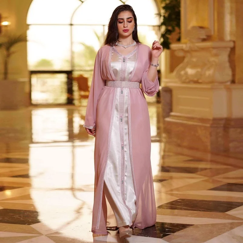 Diamonds Takchita Moroccan Kaftan Jalabiya Women Chiffon Cadigan Satin Inner Dress Dubai Arab Muslim Party Wedding Gown Ramadan