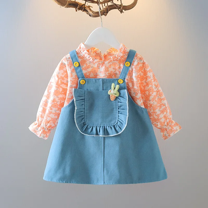 0-2 Year Baby Girl Clothes 2022 Spring New Long Sleeve Shirt Denim Strap Skirt Two-piece Set Newborn Dress Toddler Girl Clothing