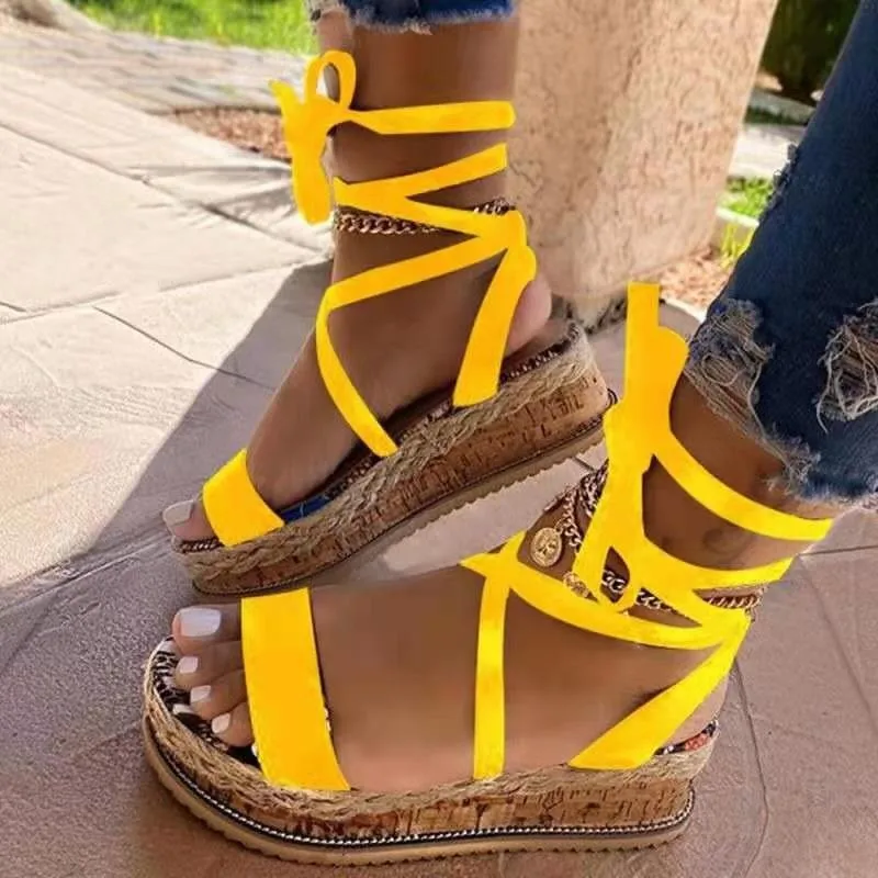 

2022 New Women's Gladiator Sandals Summer Ankle Strap Wedges Cross Lace Up Shoes Hemp Shoes Women Sandals Plus Size 43