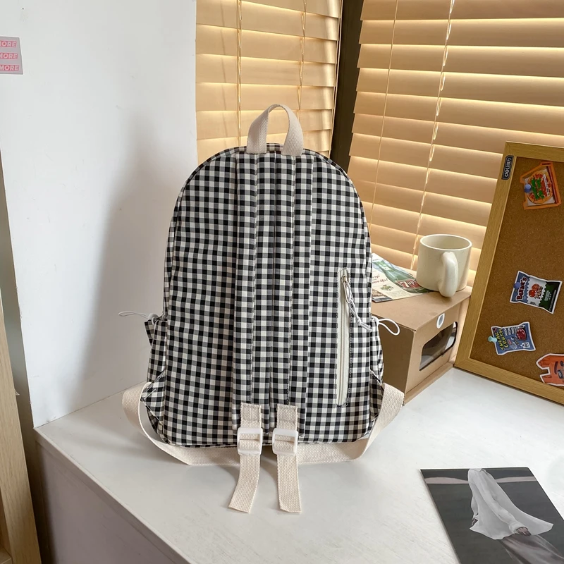 College Students Waterproof Nylon Backpack Schoolbag Girls Plaid Travel Double Shoulder Bag Female Cute Schoolbag