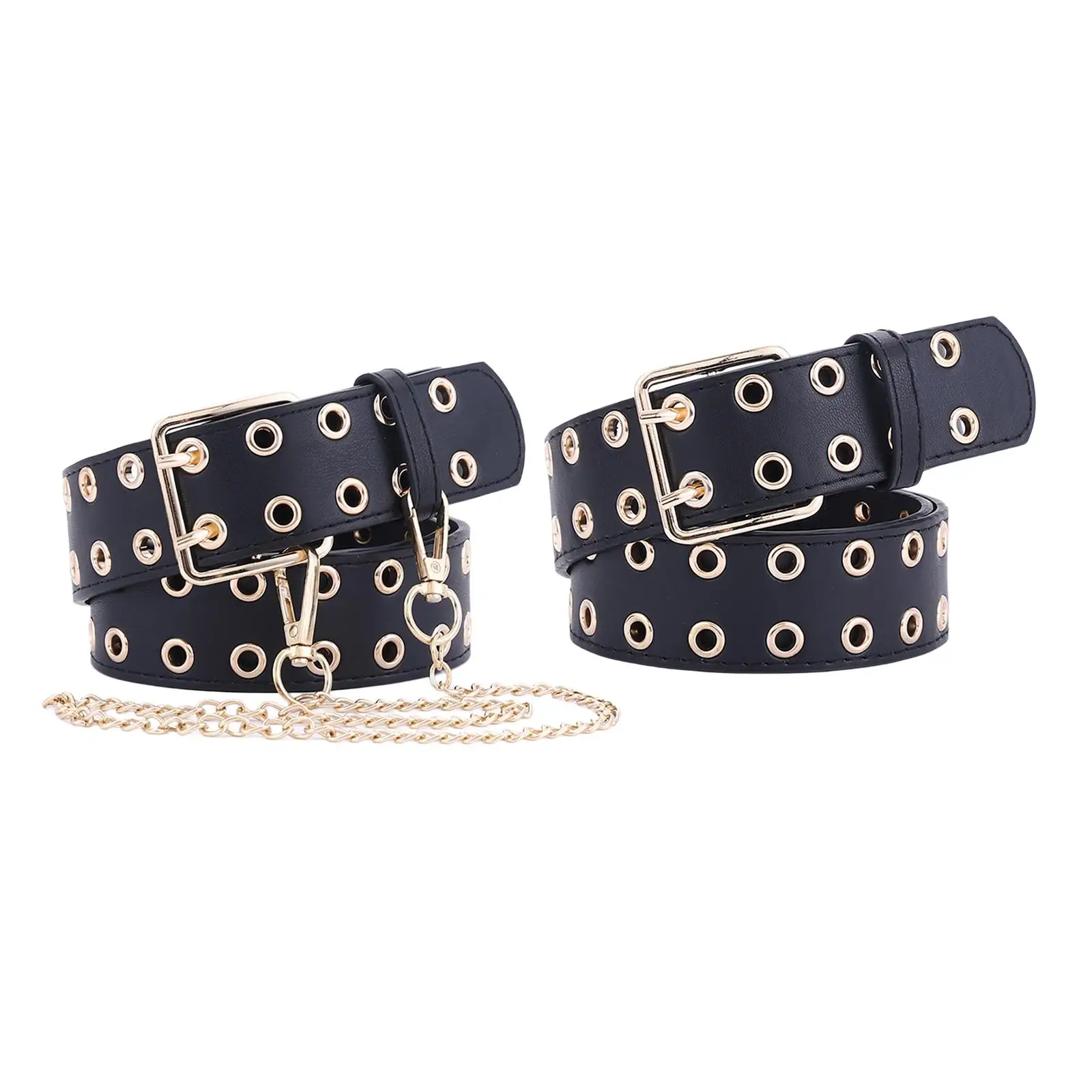 

Women Men Punk Belt 2 Hole Grommet Jeans Casual Black PU Leather Gothic Adjustable Decorative Belt Pin Buckle Waist Belts