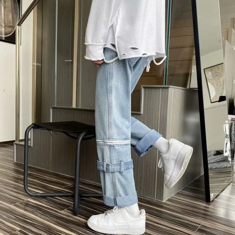 DEEPTOWN Hip Hop Straight Jeans Men Streetwear Zipper Denim Pants Hole Fashion Trousers Male Loose Casual Youth Designer Clothes