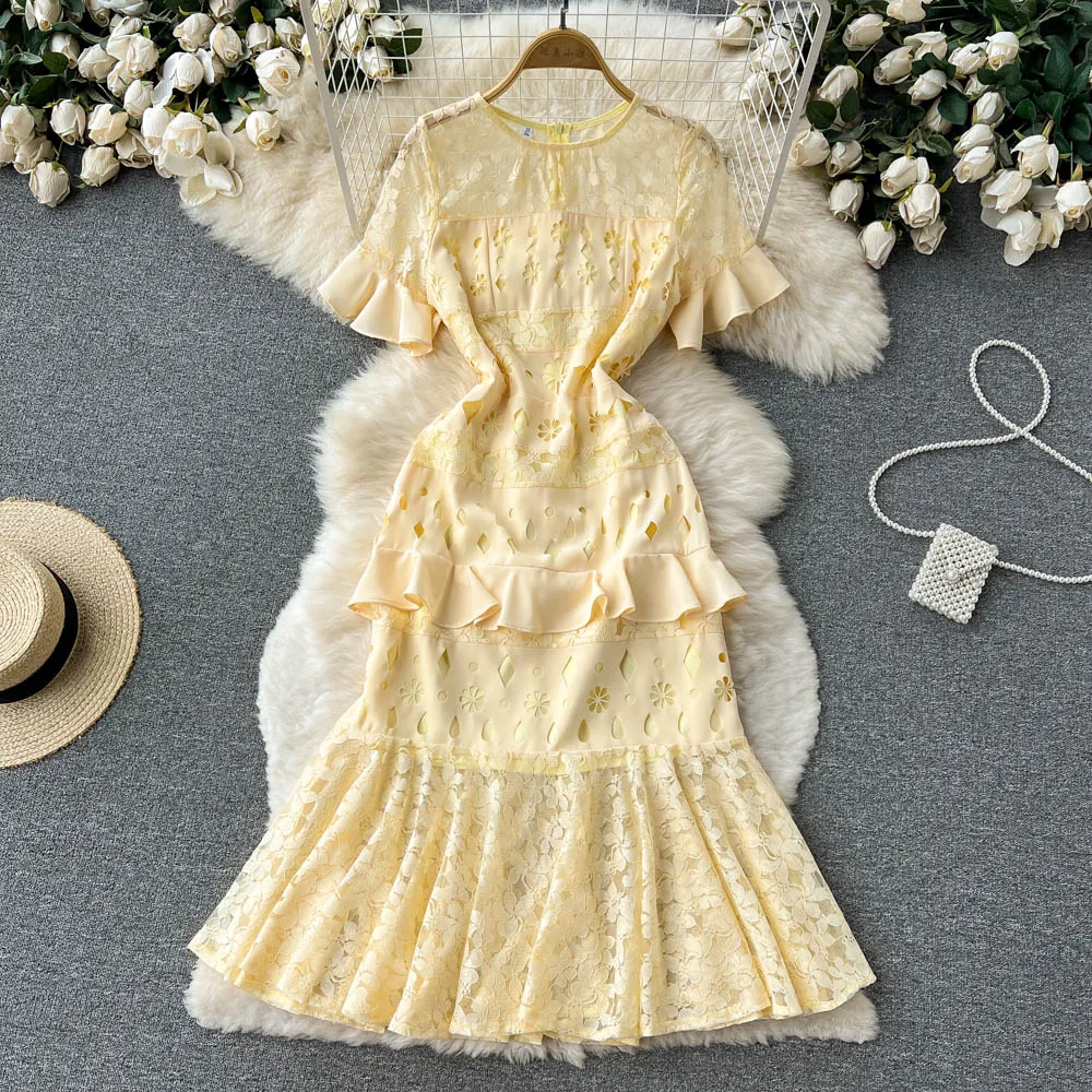 

2022 Summer New Fashion Women French Retro Lace Fishtail Dress Slim Round Neck Short Sleeve Ruffle Elegant Vintage Vestidos G530