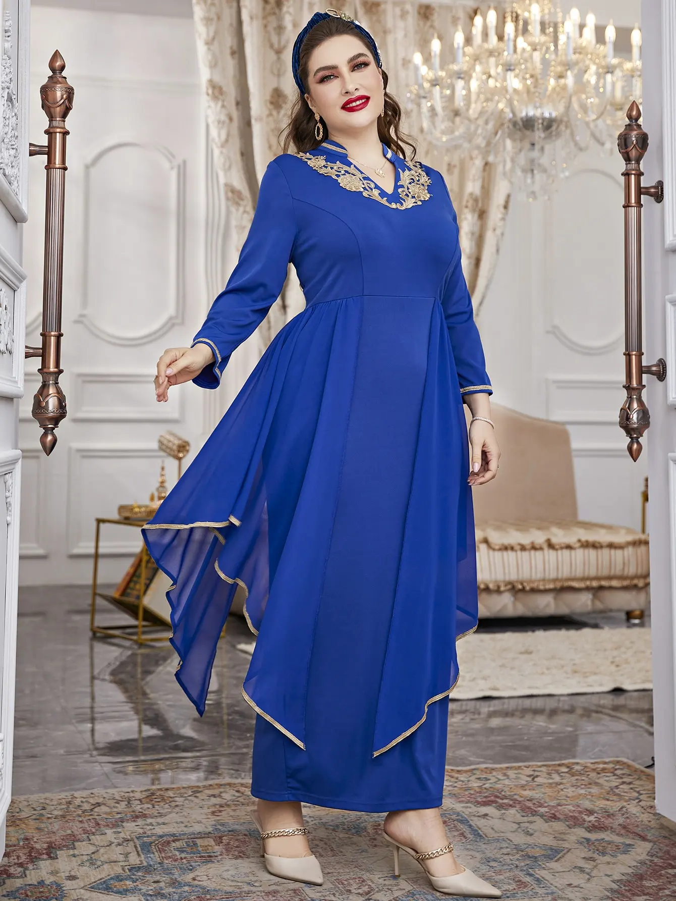 

TOLEEN Plus Size Women Dress 2022 Summer Vintage Causal Lady Draped Outfits With Embroidery Long Sleeve Oversize Blue Clothing