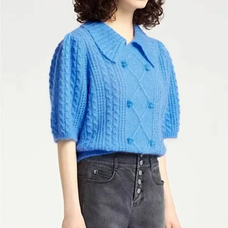 

Women Sweater Turn-down Collar Short Puff Sleeve Solid Straight Jumper Tops Mohair Blend Sweet Spring Summer 2023