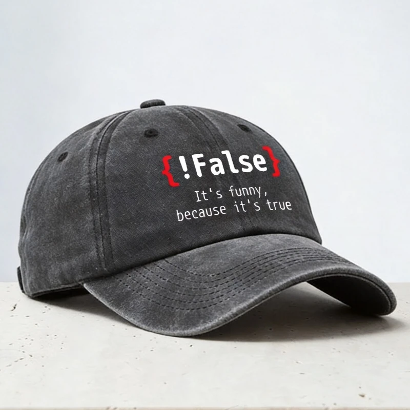 Фото Забавная кепка с надписью «False It's Funny Because It's True Programming» в стиле ковбойской бейсболки, модная ретро-кепка из выстиранного денима, повседневная джинсовая кепка для гольфа, солнцезащитная кепка. №1