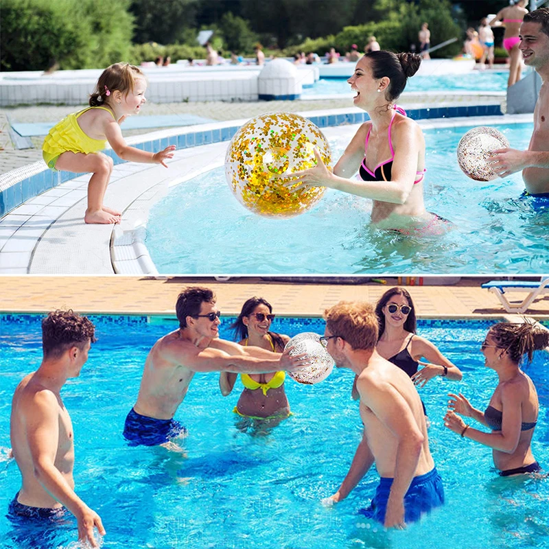 5Pcs Novelty Place Inflatable Clear Sports Beach Balls with Rainbow Sequin Glitter Confetti 40/60cm Summer Pool Party Toy - купить по