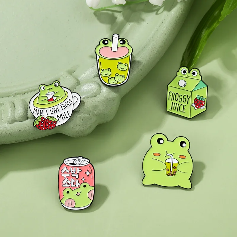

Cartoon Milk Strawberry Cup Pink Soda Frog Cute Animal Frog Lapel Badge Brooch for Jewelry Accessory