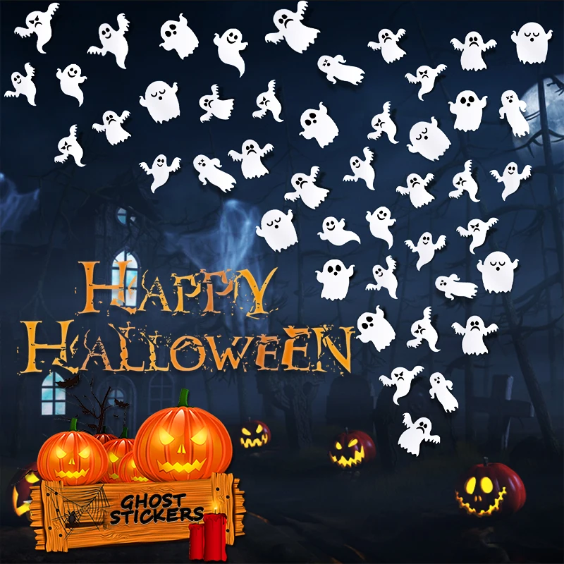 

16pcs Halloween White Ghost Black Eye Decorative PET Sticker Comes with Removable DIY for Home Bar Haunted House Horror Props